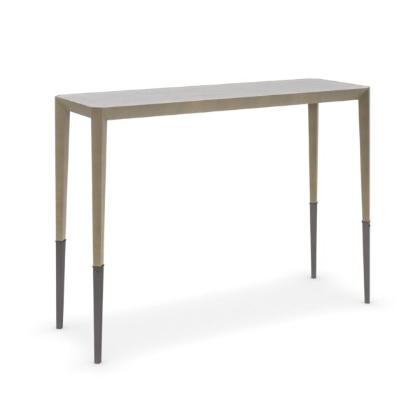 Perfect Together – Short Console Table by Caracole – Albino acrylic and resin top with cross-hatch pattern, Brushed Antique Brass frame, and Deep Bronze ferrules.