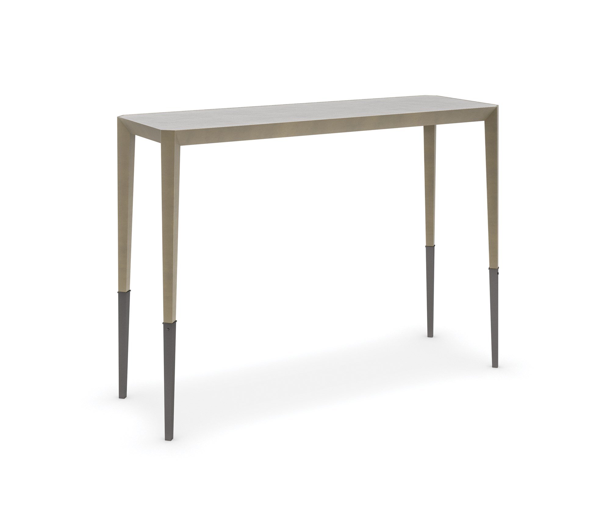 Perfect Together – Short Console Table by Caracole – Albino acrylic and resin top with cross-hatch pattern, Brushed Antique Brass frame, and Deep Bronze ferrules.