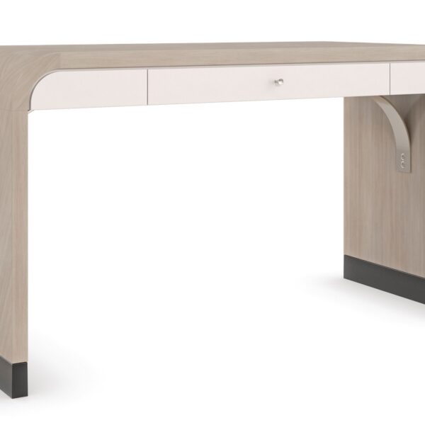A sleek, modern desk with a Moonstone finish and elegant herringbone veneer top, perfect for contemporary interiors.