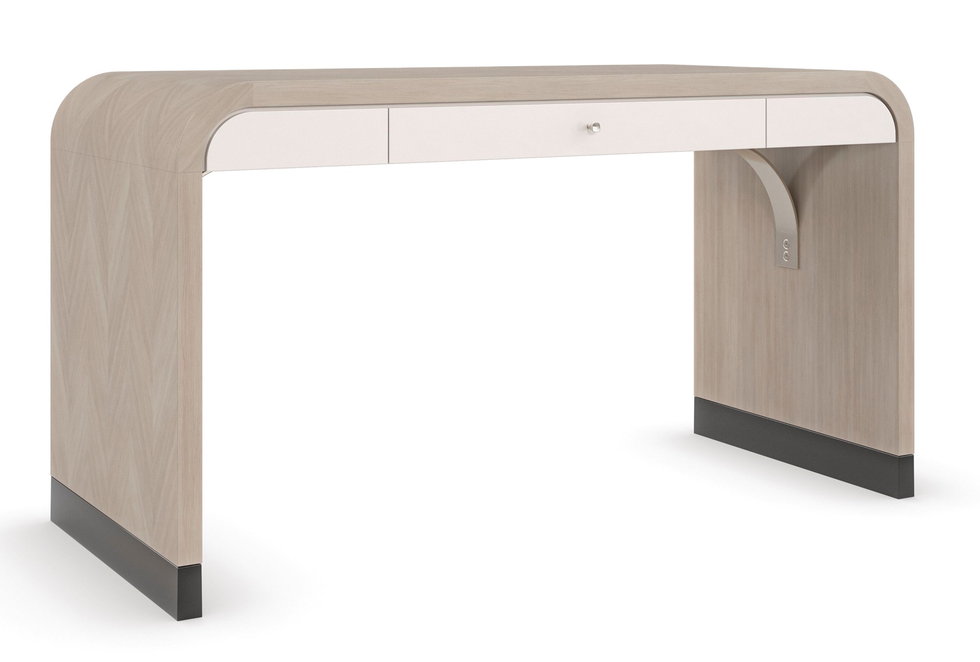 A sleek, modern desk with a Moonstone finish and elegant herringbone veneer top, perfect for contemporary interiors.