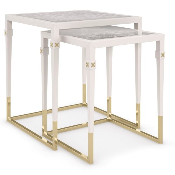 Better Together Nesting Tables by Caracole – Pearly White frame with antique mirrored glass tops and Majestic Gold accents.