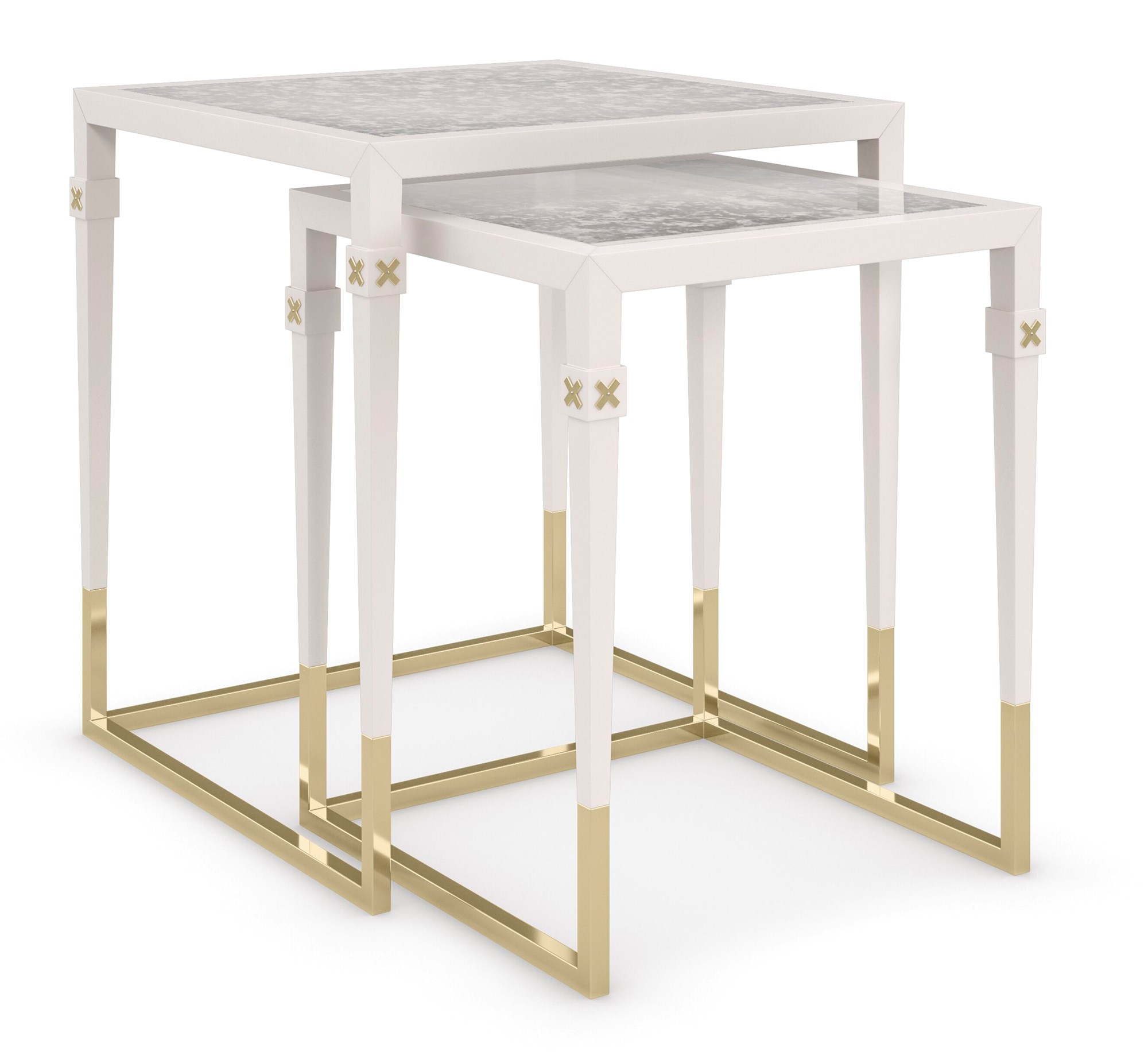 Better Together Nesting Tables by Caracole – Pearly White frame with antique mirrored glass tops and Majestic Gold accents.
