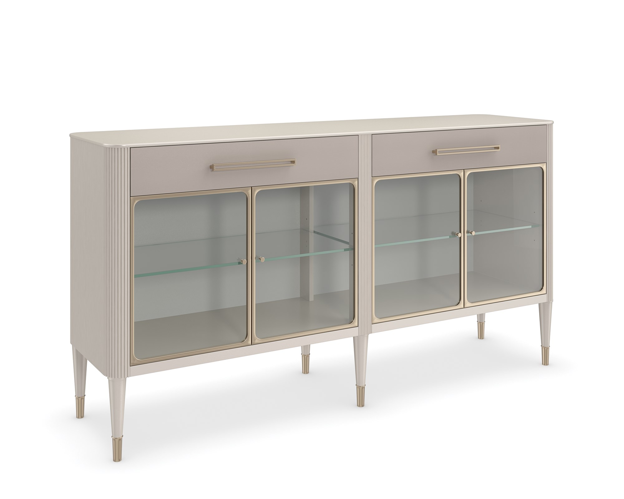 Love Interest Sideboard by Caracole in Matte Pearl finish, featuring reeded birchwood case, vinyl-wrapped drawer fronts with linear hardware, and Whisper of Gold metal ferrules. Interior boasts adjustable glass shelves with touch dimmer lighting, complemented by soft-close drawers