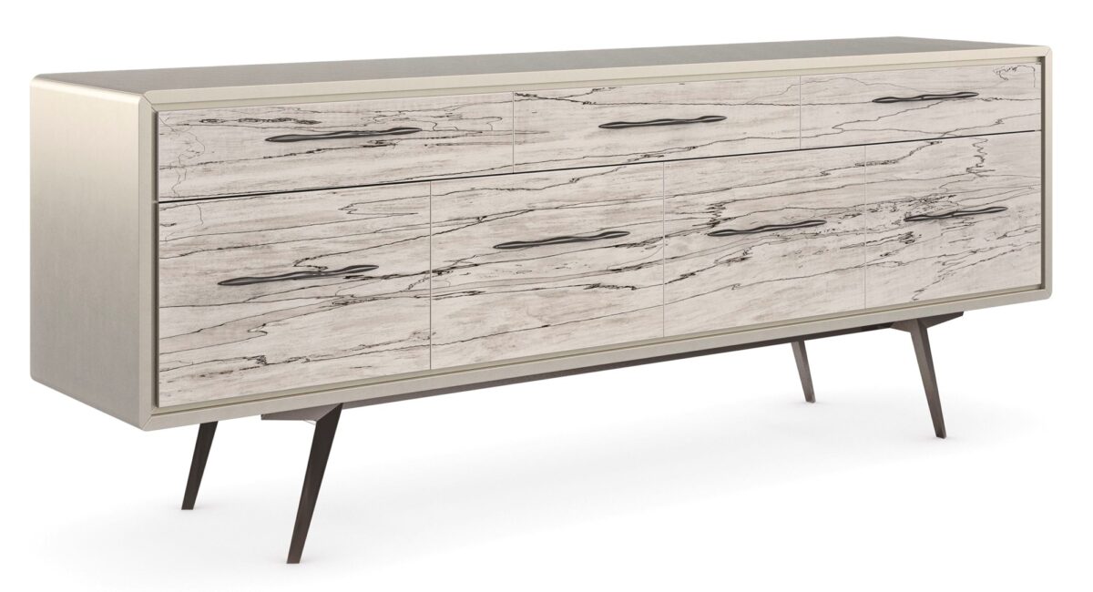 "Highs and Lows Sideboard by Caracole in Snowcap Organic finish, featuring bleached white spalted maple veneer fronts, Matte Pearl frame, Deep Bronze metal legs, and custom hardware emulating marble veining.