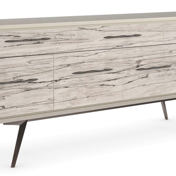 "Highs and Lows Sideboard by Caracole in Snowcap Organic finish, featuring bleached white spalted maple veneer fronts, Matte Pearl frame, Deep Bronze metal legs, and custom hardware emulating marble veining.