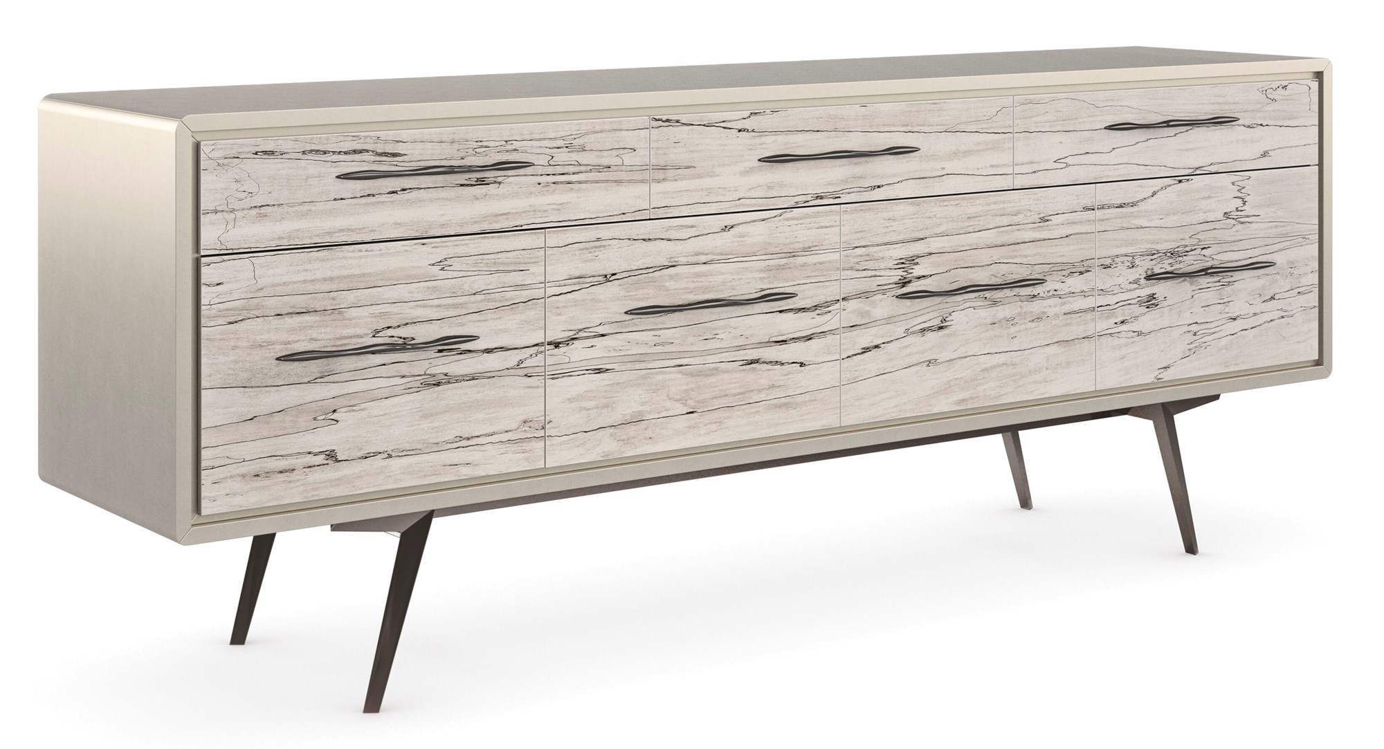 "Highs and Lows Sideboard by Caracole in Snowcap Organic finish, featuring bleached white spalted maple veneer fronts, Matte Pearl frame, Deep Bronze metal legs, and custom hardware emulating marble veining.