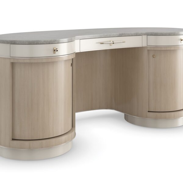 Vanity Fair by Caracole – Kidney-shaped console with Gray Armani marble top, Charcoal Leaf curved doors, and Cloud finish soft-close drawers.