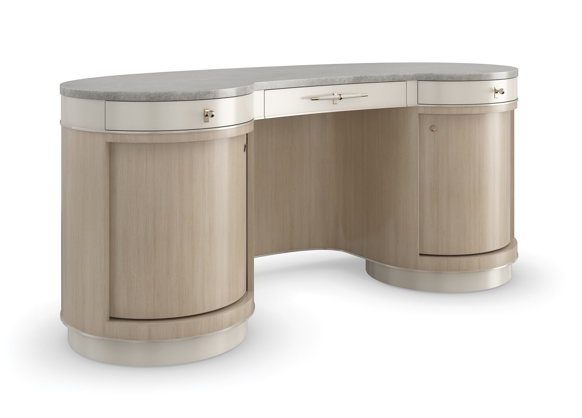 Vanity Fair by Caracole – Kidney-shaped console with Gray Armani marble top, Charcoal Leaf curved doors, and Cloud finish soft-close drawers.