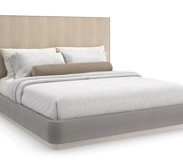 Caracole Dream Chaser King Bed featuring a parsons-shaped headboard crafted from Koto veneers finished in Dry Martini, encased in Brushed Gold metal trim, with wood-paneled wings, upholstered side rails and footboard in pale gray mohair fabric, set on a Cloud-finished wood plinth base.