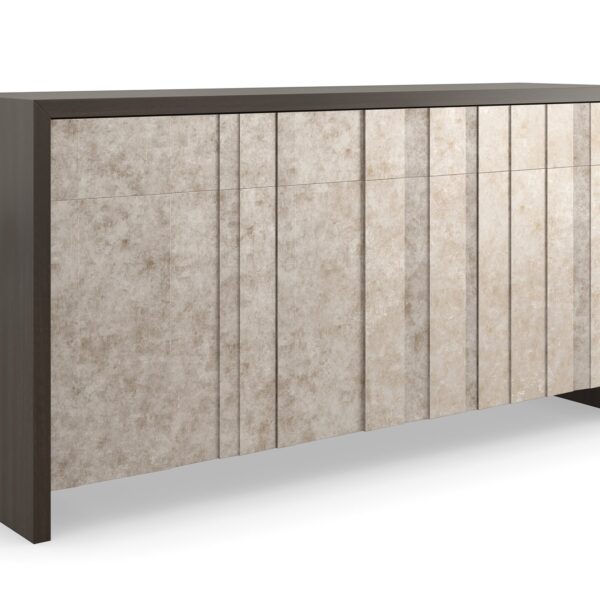 Golden Hour Sideboard by Caracole in Otter finish with Mica Silverleaf fronts, featuring three touch-latch doors and three touch-latch drawers, each with an adjustable shelf behind, and a Dark Chocolate-painted interior.