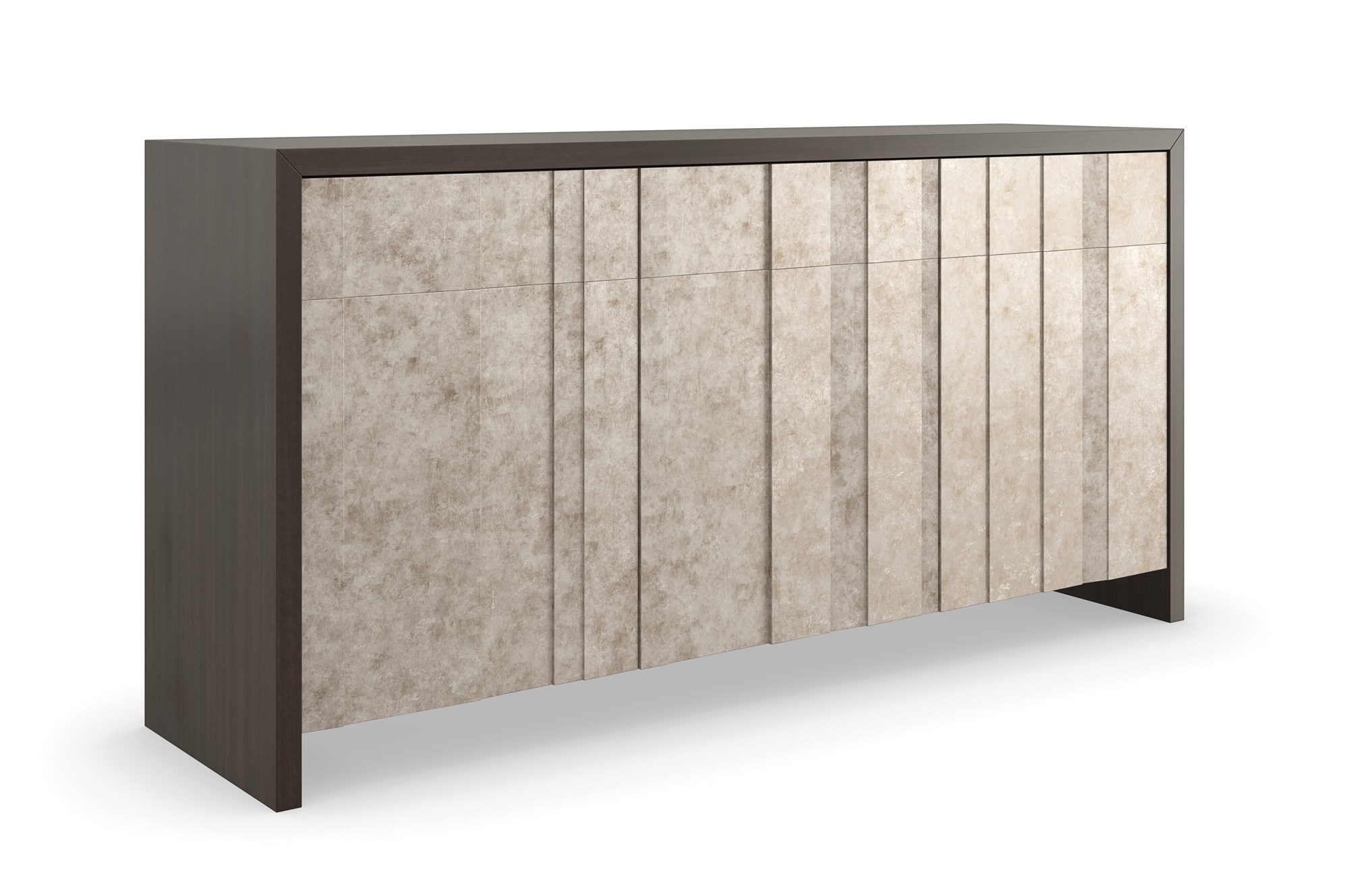 Golden Hour Sideboard by Caracole in Otter finish with Mica Silverleaf fronts, featuring three touch-latch doors and three touch-latch drawers, each with an adjustable shelf behind, and a Dark Chocolate-painted interior.