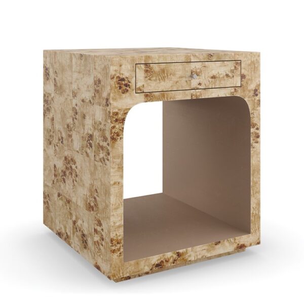 "Burlesque End Table by Caracole – Mappa Burl veneer with Brazen Bronze Leaf accents, featuring a single drawer and open storage.
