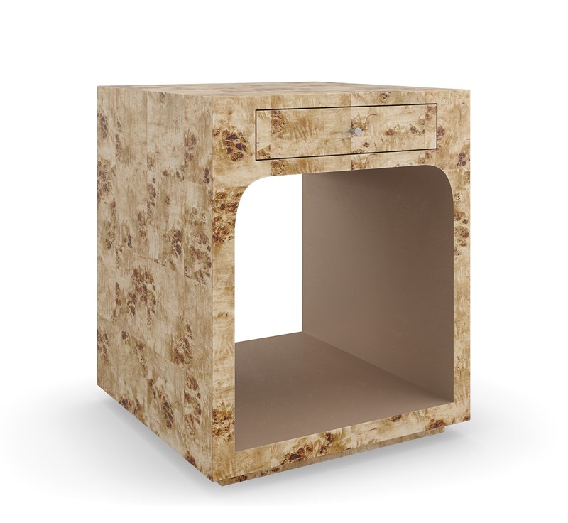 "Burlesque End Table by Caracole – Mappa Burl veneer with Brazen Bronze Leaf accents, featuring a single drawer and open storage.