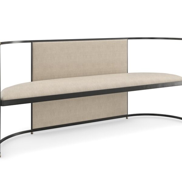 Toulouse Bench by Caracole featuring a curved metal frame finished in Craftsman Bronze, upholstered in a wool-blend micro-stripe fabric, with Brushed Gold ball accents, offering an elegant and airy design