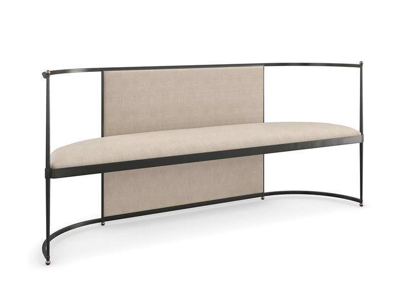 Toulouse Bench by Caracole featuring a curved metal frame finished in Craftsman Bronze, upholstered in a wool-blend micro-stripe fabric, with Brushed Gold ball accents, offering an elegant and airy design