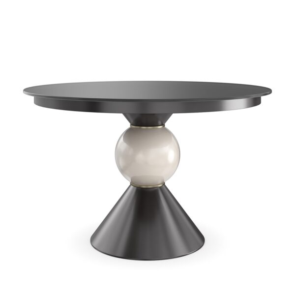 Chalice Dining Table by Caracole – 48" round black glass top with "Almost Black" wood frame and brushed gold metal base. Features a porcelain decorative ball in Shellish White. Ideal for modern dining rooms in Royal Oak, Michigan.