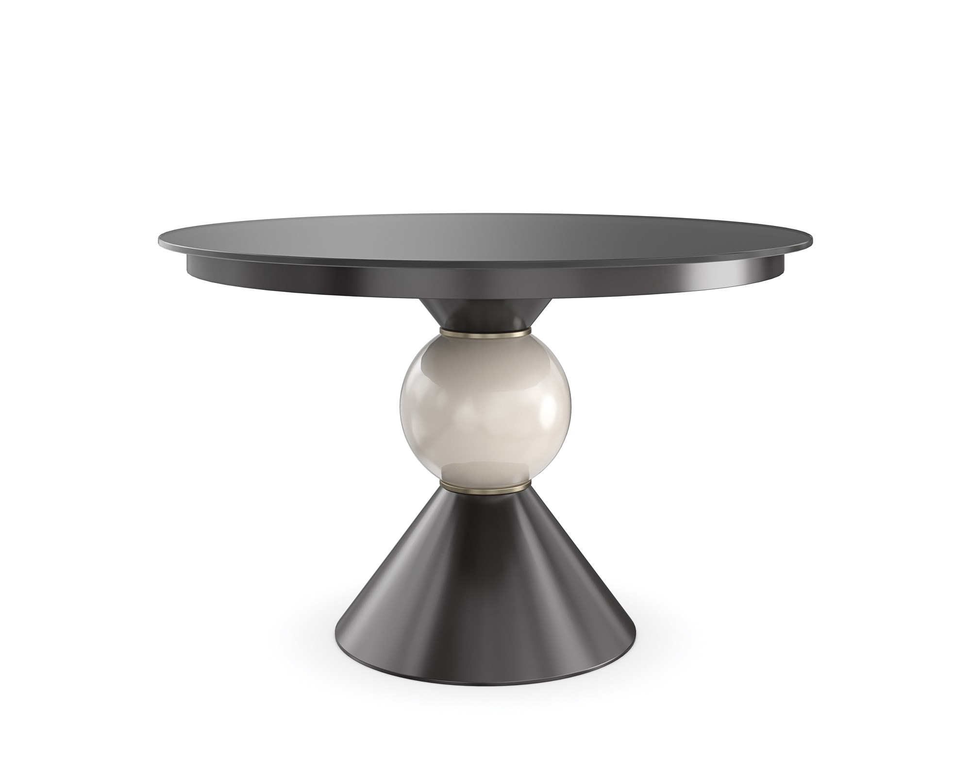 Chalice Dining Table by Caracole – 48" round black glass top with "Almost Black" wood frame and brushed gold metal base. Features a porcelain decorative ball in Shellish White. Ideal for modern dining rooms in Royal Oak, Michigan.