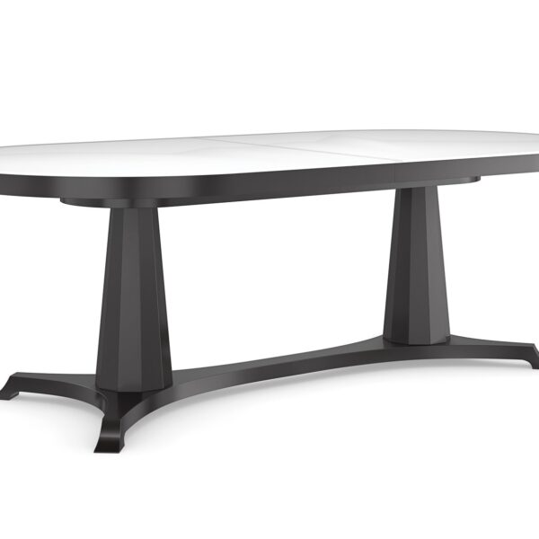 Bordeaux Dining Table by Caracole – Oval-shaped dining table with a polished, tempered glass top and an Almost Black double pedestal base. Ideal for modern dining rooms in Royal Oak, Michigan