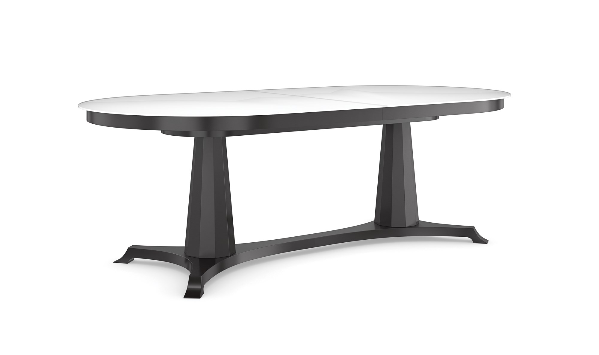 Bordeaux Dining Table by Caracole – Oval-shaped dining table with a polished, tempered glass top and an Almost Black double pedestal base. Ideal for modern dining rooms in Royal Oak, Michigan