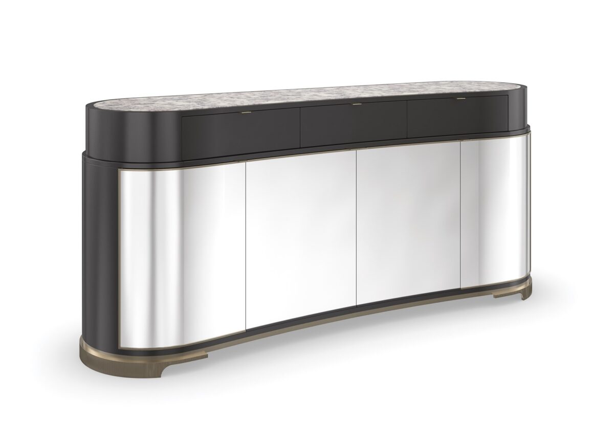 Glacé Sideboard by Caracole in Almost Black finish with Polished Silver door fronts framed in Brushed Gold bead, featuring a Snow Fox stone top.