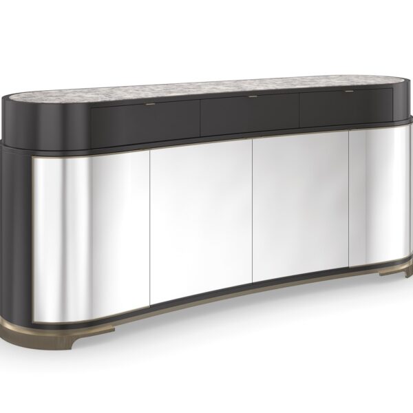 Glacé Sideboard by Caracole in Almost Black finish with Polished Silver door fronts framed in Brushed Gold bead, featuring a Snow Fox stone top.