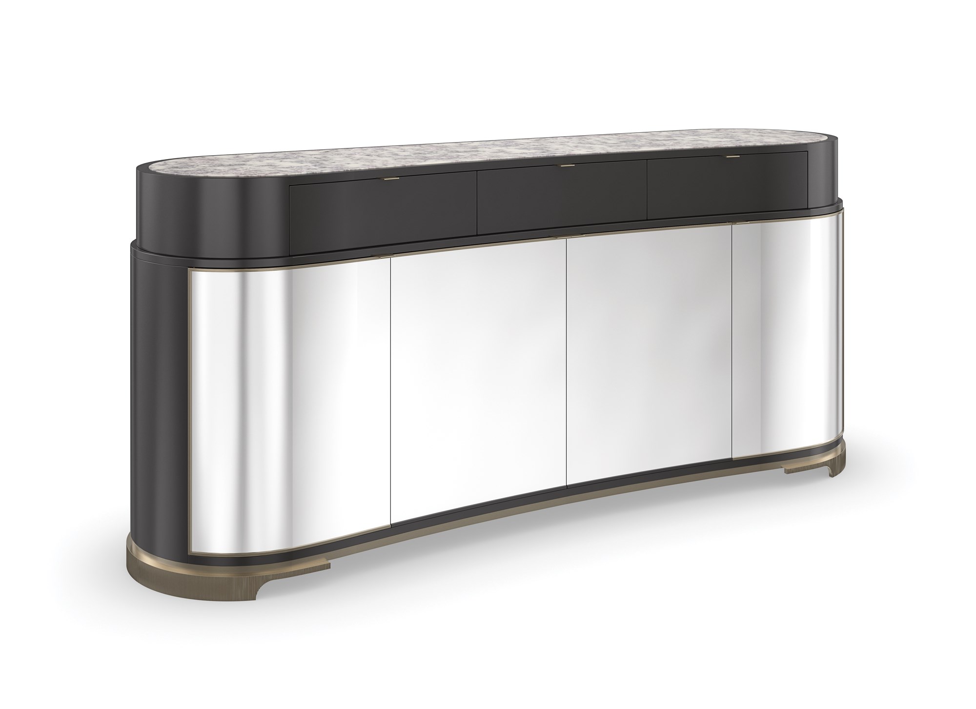 Glacé Sideboard by Caracole in Almost Black finish with Polished Silver door fronts framed in Brushed Gold bead, featuring a Snow Fox stone top.
