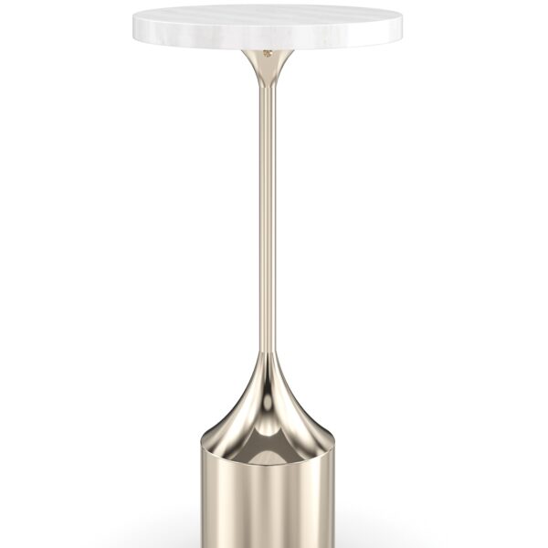 Beta Side Table by Caracole – Sculptural metal base with a polished white marble top, featuring a sleek, modern design.