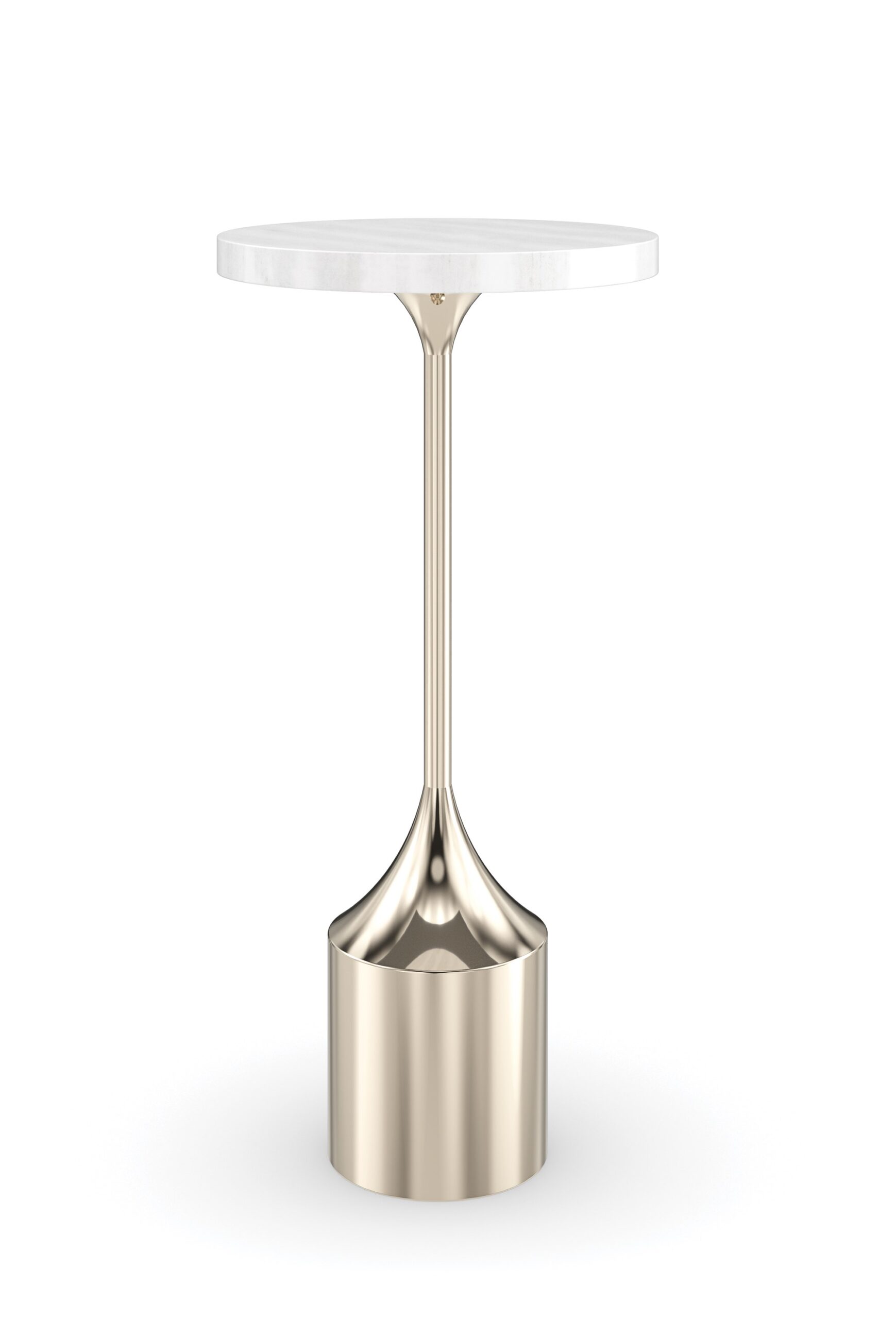Beta Side Table by Caracole – Sculptural metal base with a polished white marble top, featuring a sleek, modern design.