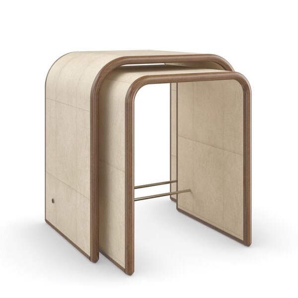 Contemporary nesting tables featuring graduated sizes and warm wood finishes with black metal legs.