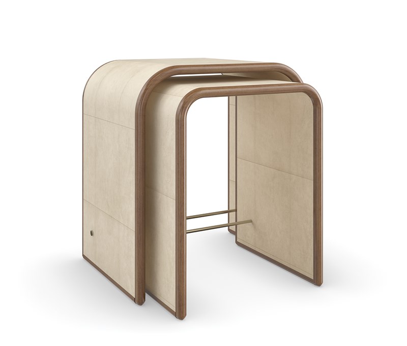 Contemporary nesting tables featuring graduated sizes and warm wood finishes with black metal legs.