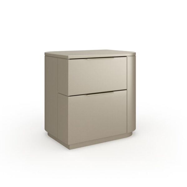 Oblique Right Nightstand by Caracole featuring angled drawer fronts and metallic accents.