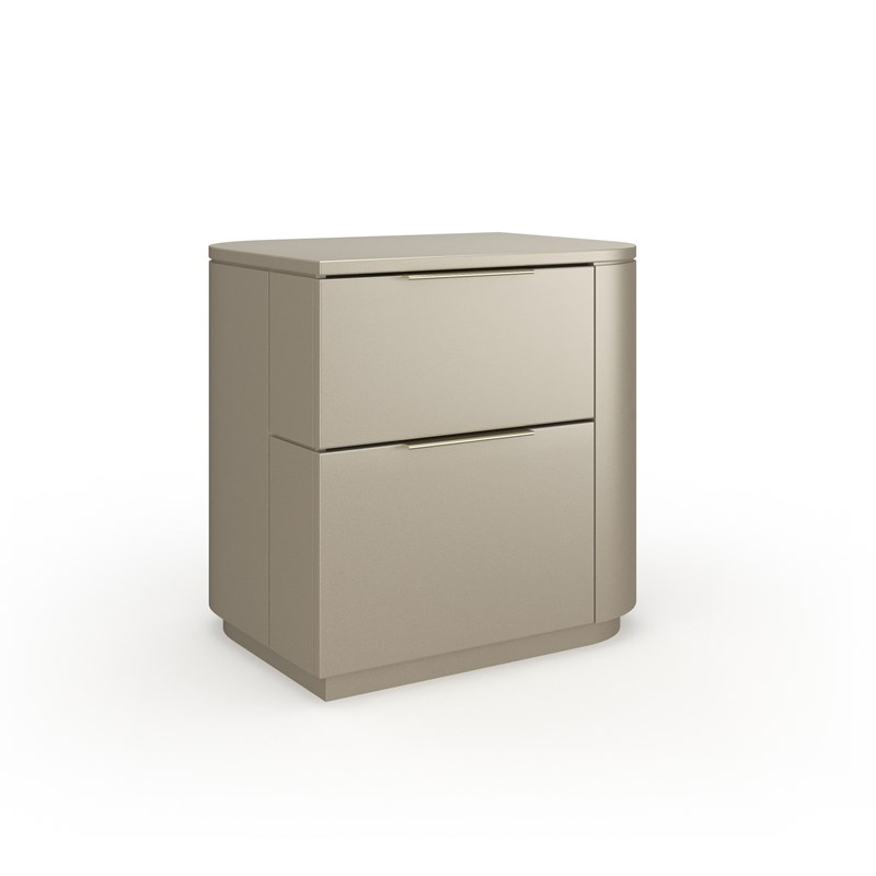 Oblique Right Nightstand by Caracole featuring angled drawer fronts and metallic accents.