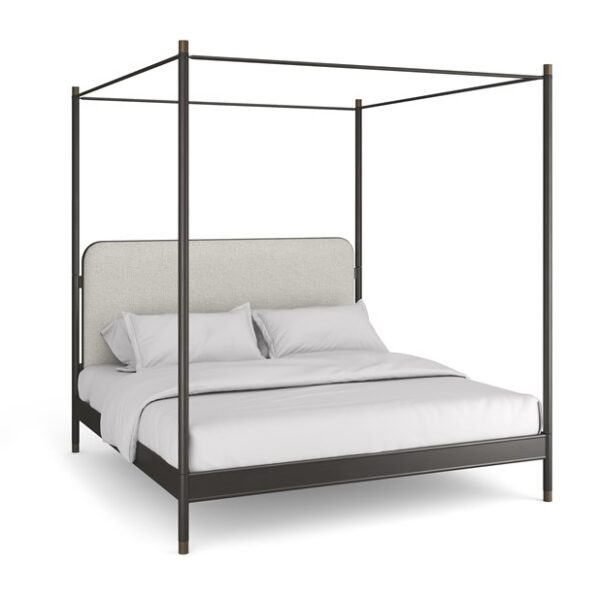 Caracole Campaign King Bed with Canopy featuring an ivory linen-blend micro-ribbed upholstered headboard, footboard, and side rails, framed in brushed deep bronze metal, with a canopy supported by tapered posts capped in champagne gold.