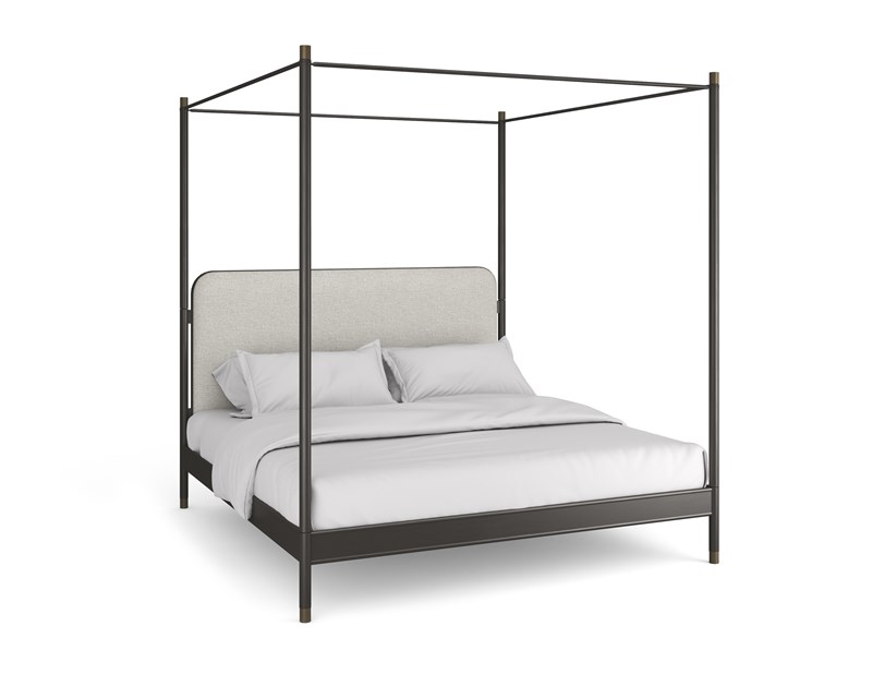 Caracole Campaign King Bed with Canopy featuring an ivory linen-blend micro-ribbed upholstered headboard, footboard, and side rails, framed in brushed deep bronze metal, with a canopy supported by tapered posts capped in champagne gold.