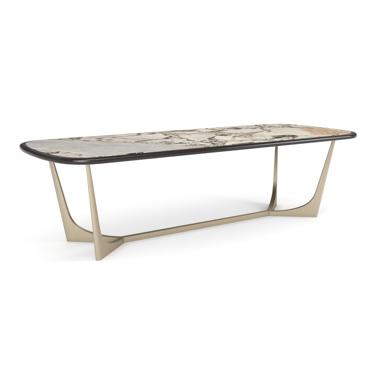 Vena Dining Table by Caracole featuring a luxurious Calcutta Viola stone top with rich veins and a sleek Brushed Gold metal base.