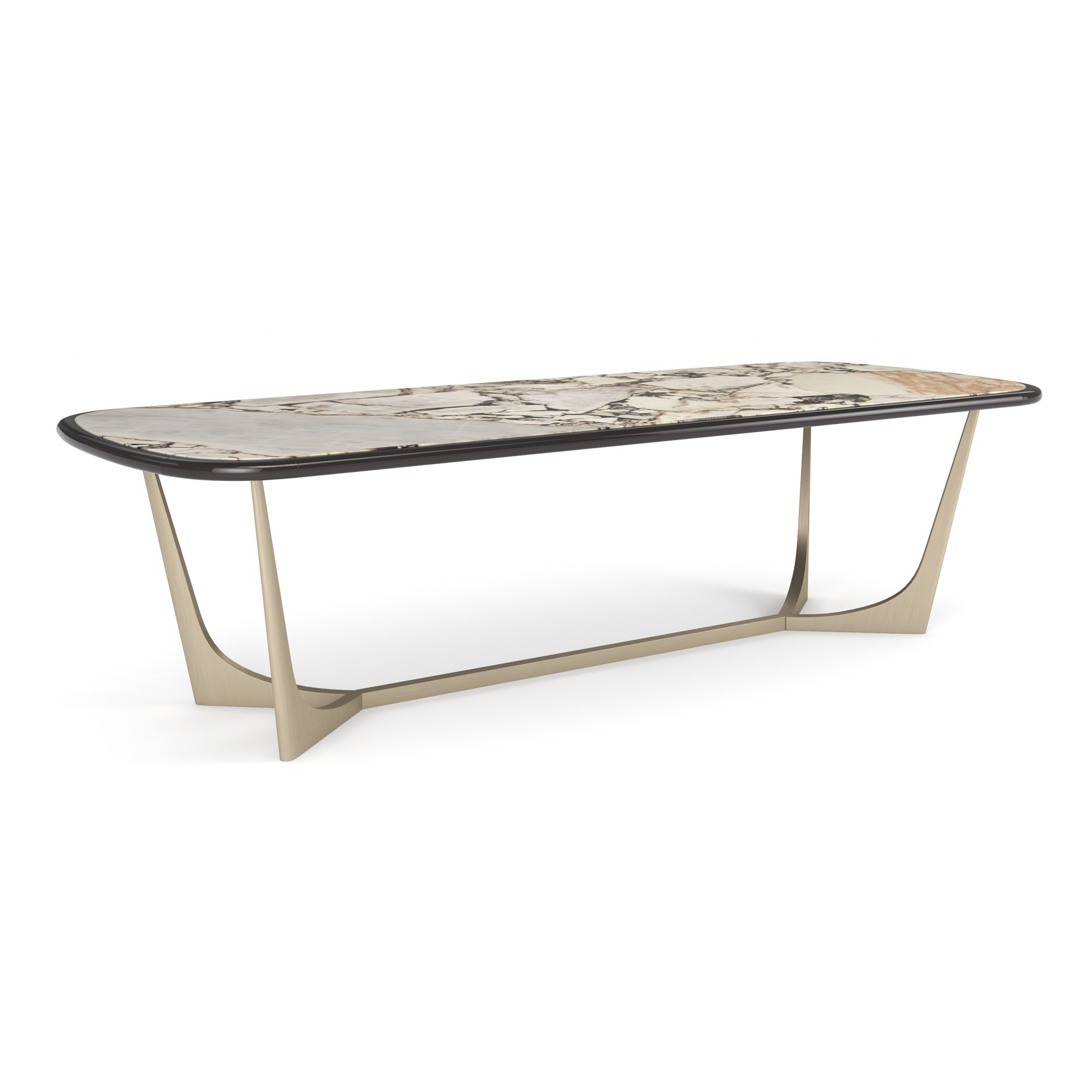 Vena Dining Table by Caracole featuring a luxurious Calcutta Viola stone top with rich veins and a sleek Brushed Gold metal base.