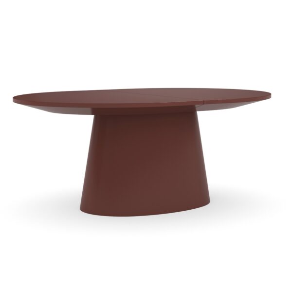Elegant Paragon Dining Table by Caracole, featuring a Rouge Red Gloss finish with an elliptical top and large conical base. Beveled edges create a saucer-like shape, and two 20-inch extensions allow seating for up to 10 people.
