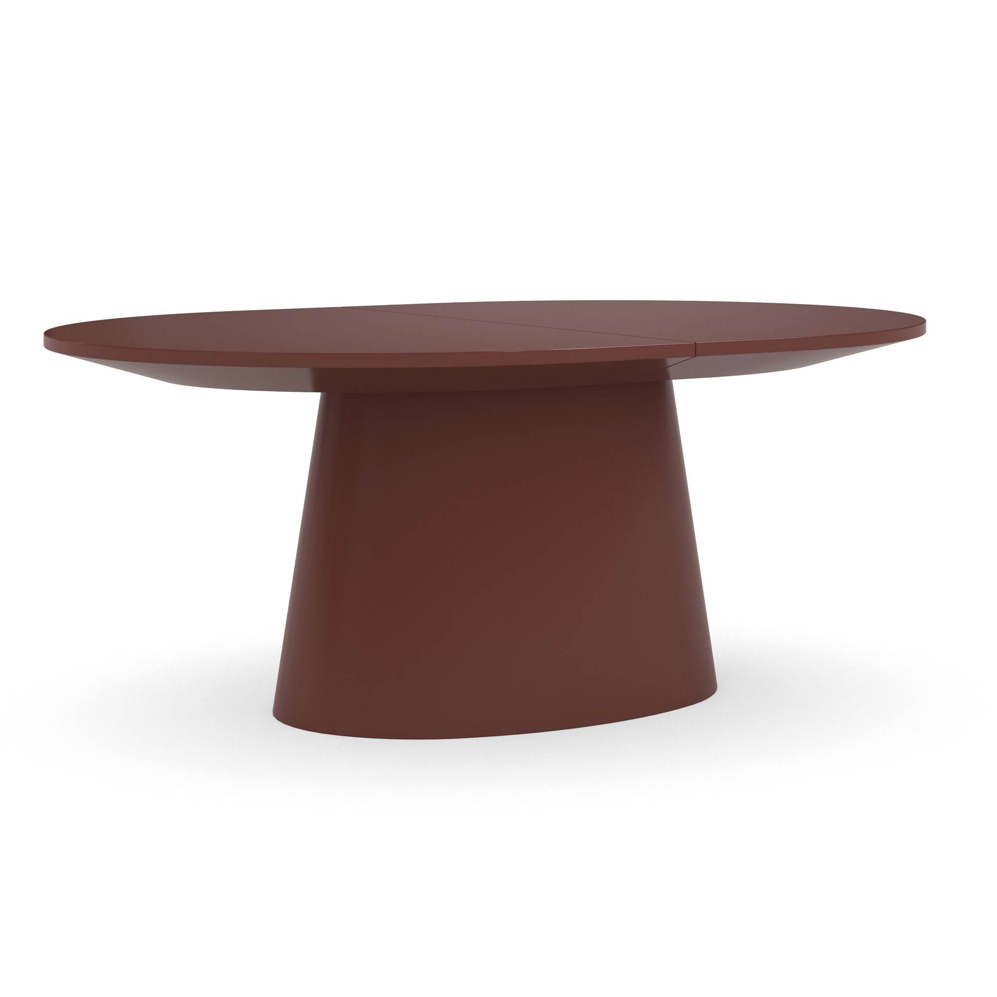 Elegant Paragon Dining Table by Caracole, featuring a Rouge Red Gloss finish with an elliptical top and large conical base. Beveled edges create a saucer-like shape, and two 20-inch extensions allow seating for up to 10 people.