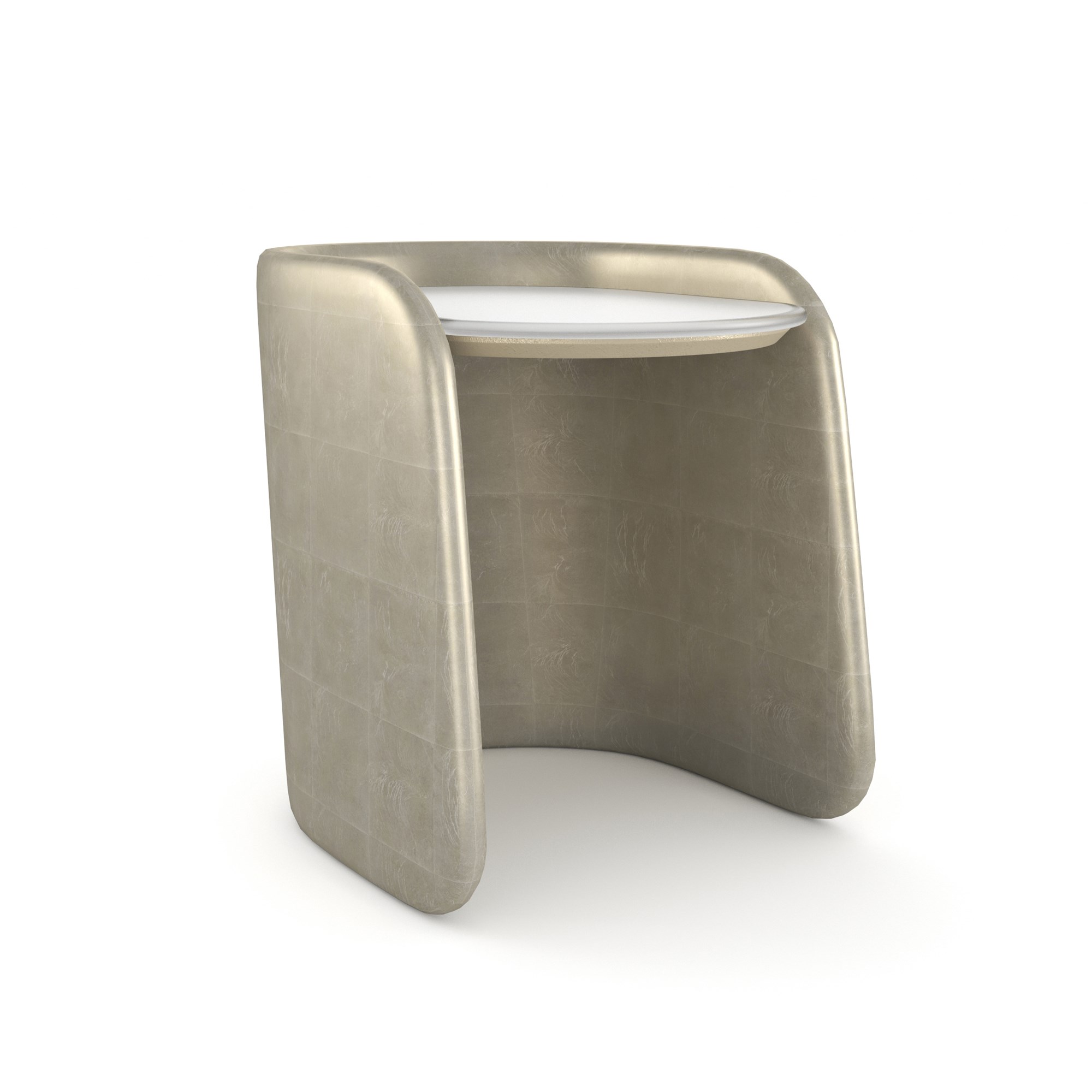 Bauble Side Table by Caracole – Gently flowing base in Oracle Broken Leaf finish with soft-frosted glass top, backed in white with delicate gold flecks.