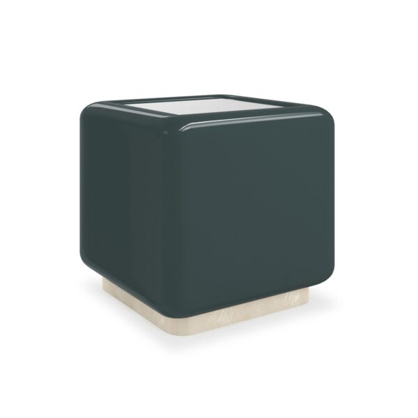 Caracole Gelee Square Accent Table with a high-gloss Apatite finish, featuring rounded beveled edges and an inset Crystal Grey mirror top for a touch of modern elegance.