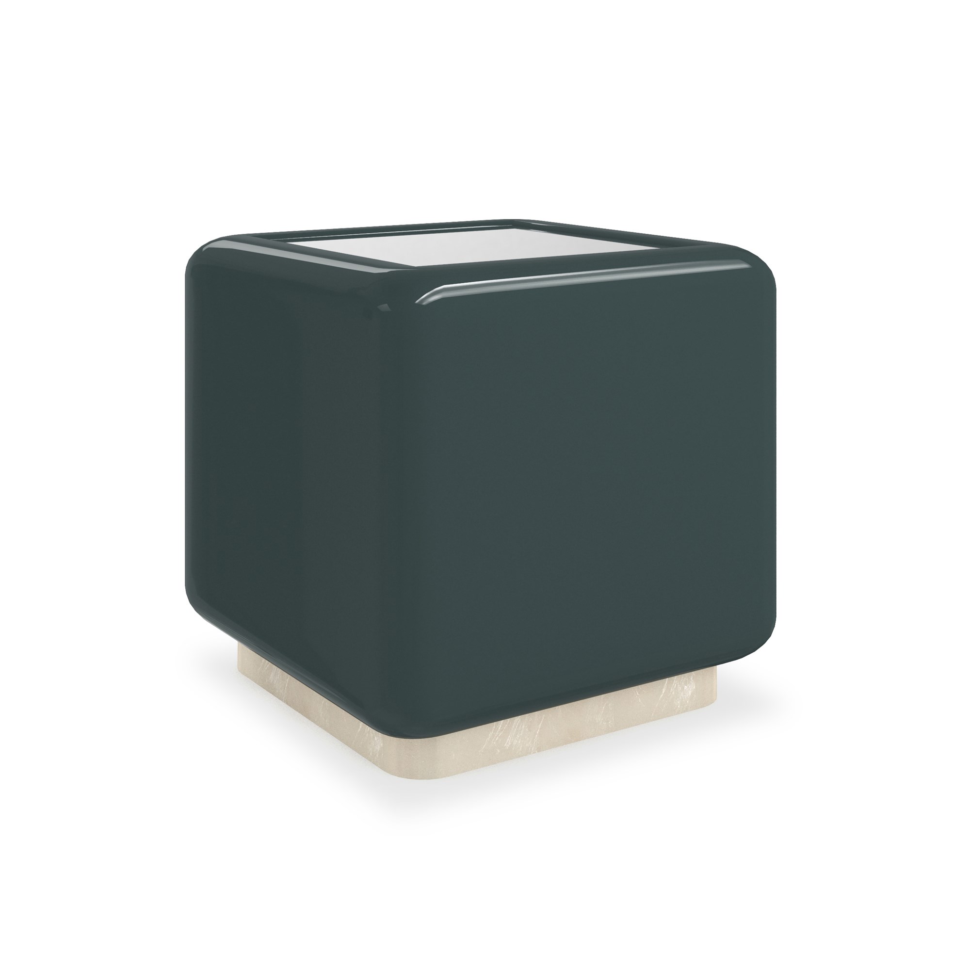 Caracole Gelee Square Accent Table with a high-gloss Apatite finish, featuring rounded beveled edges and an inset Crystal Grey mirror top for a touch of modern elegance.
