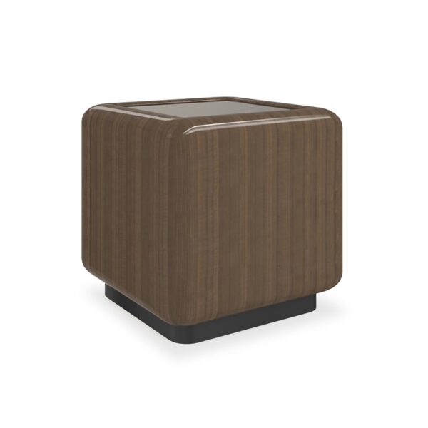 aracole Gelee Square Accent Table in Caramello Gloss with a high-sheen finish, inset Smoked Bronze mirror top, and a base finished in hand-applied Oracle leaf for a modern, luxurious touch.