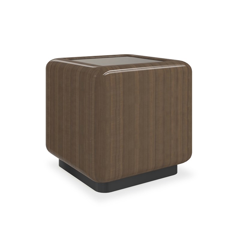 aracole Gelee Square Accent Table in Caramello Gloss with a high-sheen finish, inset Smoked Bronze mirror top, and a base finished in hand-applied Oracle leaf for a modern, luxurious touch.