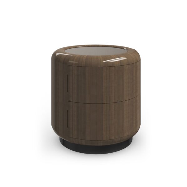 Caracole Gelee Round Accent Table in Caramello Gloss featuring a Smoked Bronze mirror top, hand-pieced Tupelo wood with a dramatic waterfall effect, two soft-close drawers with finger pulls, and a Chocolate Truffle base.