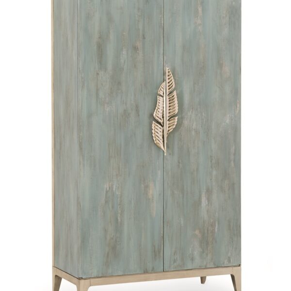 Watercolours armoire by Caracole featuring a tranquil blue finish with silver leaf highlights and metallic palm frond door pulls.
