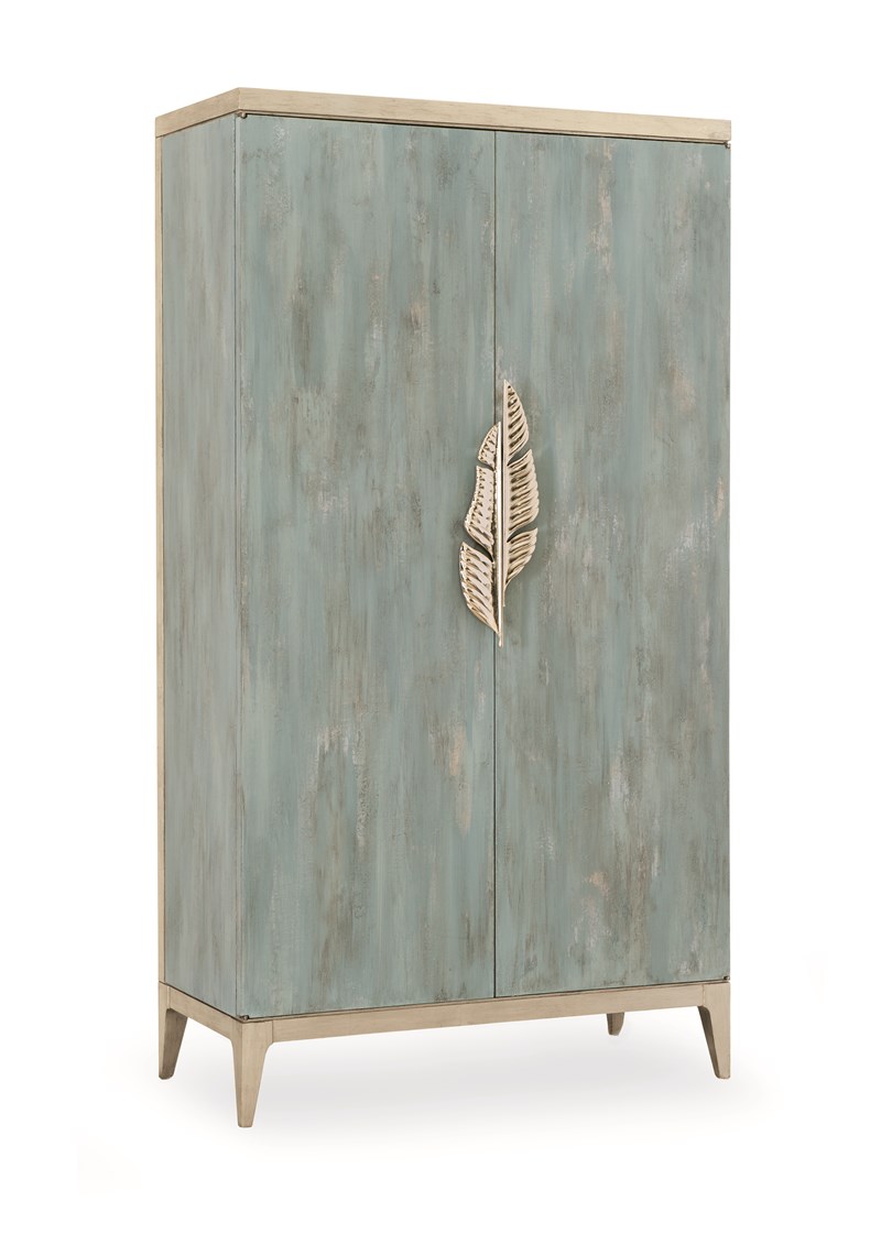 Watercolours armoire by Caracole featuring a tranquil blue finish with silver leaf highlights and metallic palm frond door pulls.