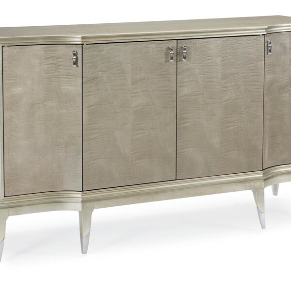 May I Serve You by Caracole — a sleek, modern serving cart with metal frame and glass shelves.