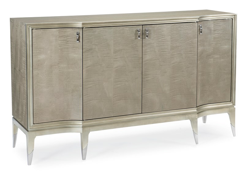 May I Serve You by Caracole — a sleek, modern serving cart with metal frame and glass shelves.