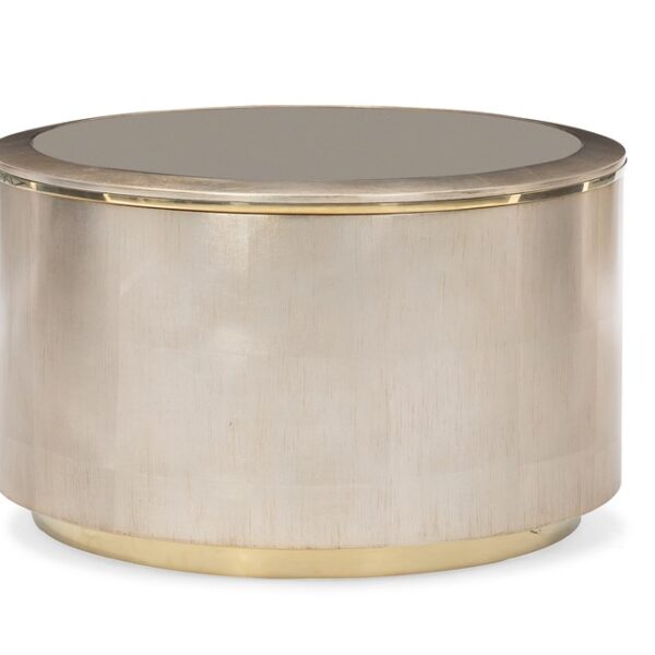 "Caracole Circle In Time cocktail table with a reflective bronze mirror top, featuring a Gold Bouillon metal inlay and an Auric-finished base."