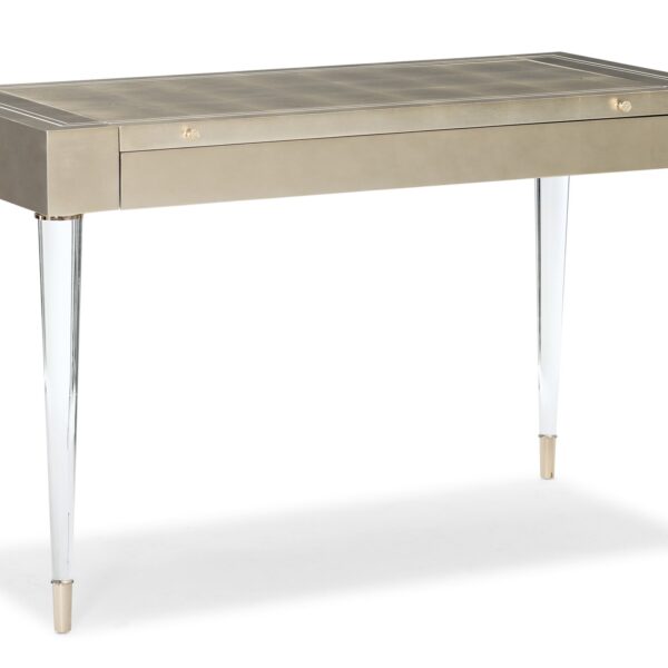 Moment Of Clarity Console Table by Caracole – Soft Silver Leaf finish with silkscreen design on top and lift-top compartment revealing mirror.